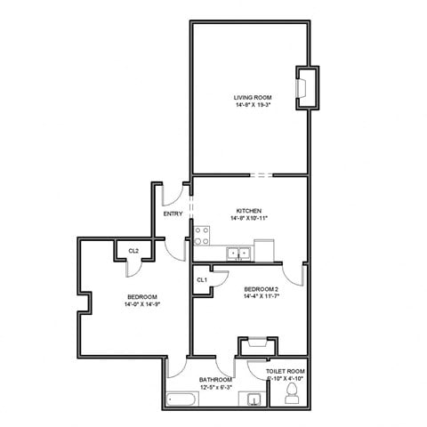 Floor plan for 1 bed, 1 bath, 630 sqft